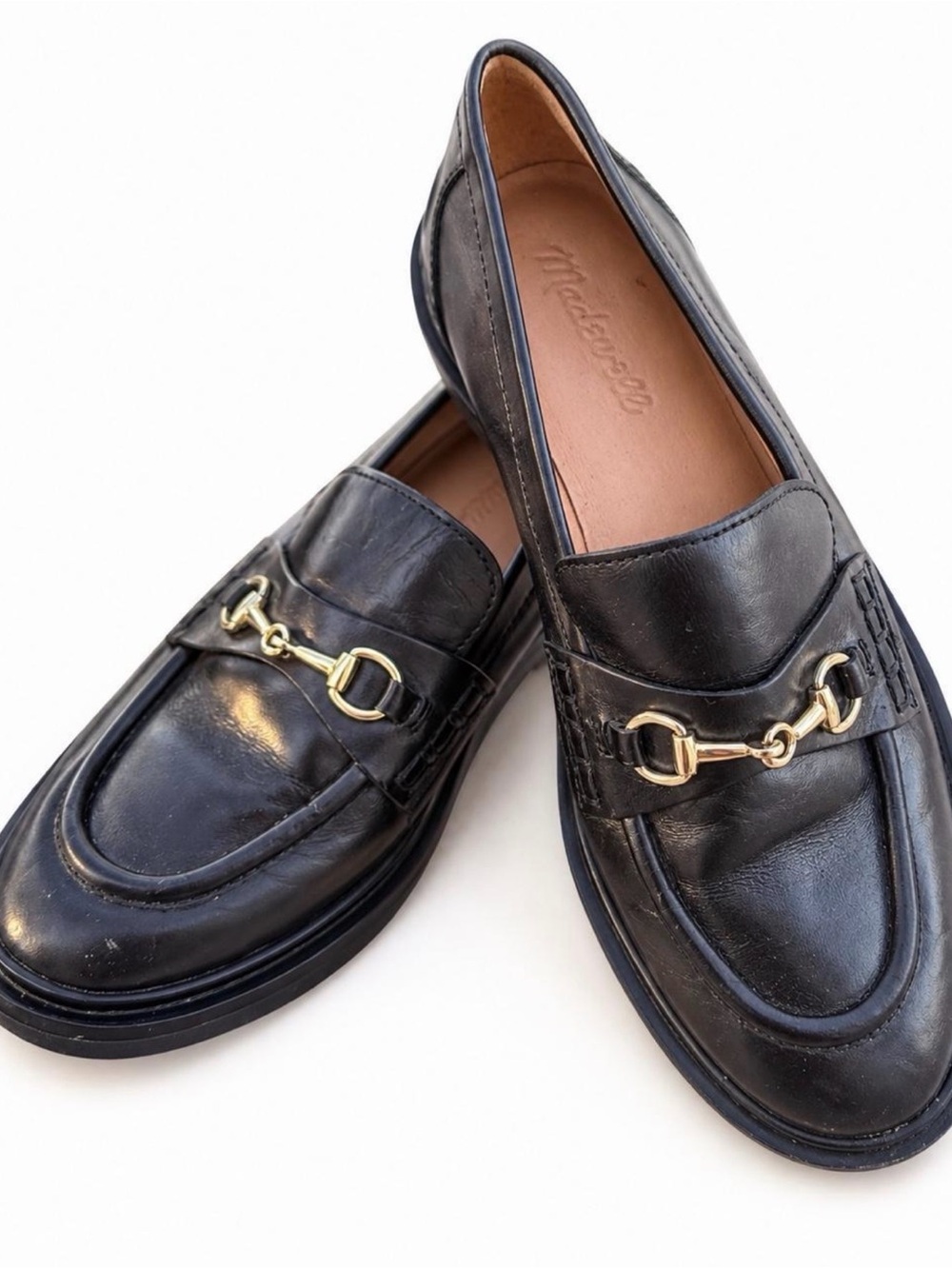 Madewell Black Leather Horsebit Loafers Preppy Gold Hardware Academia 7.5